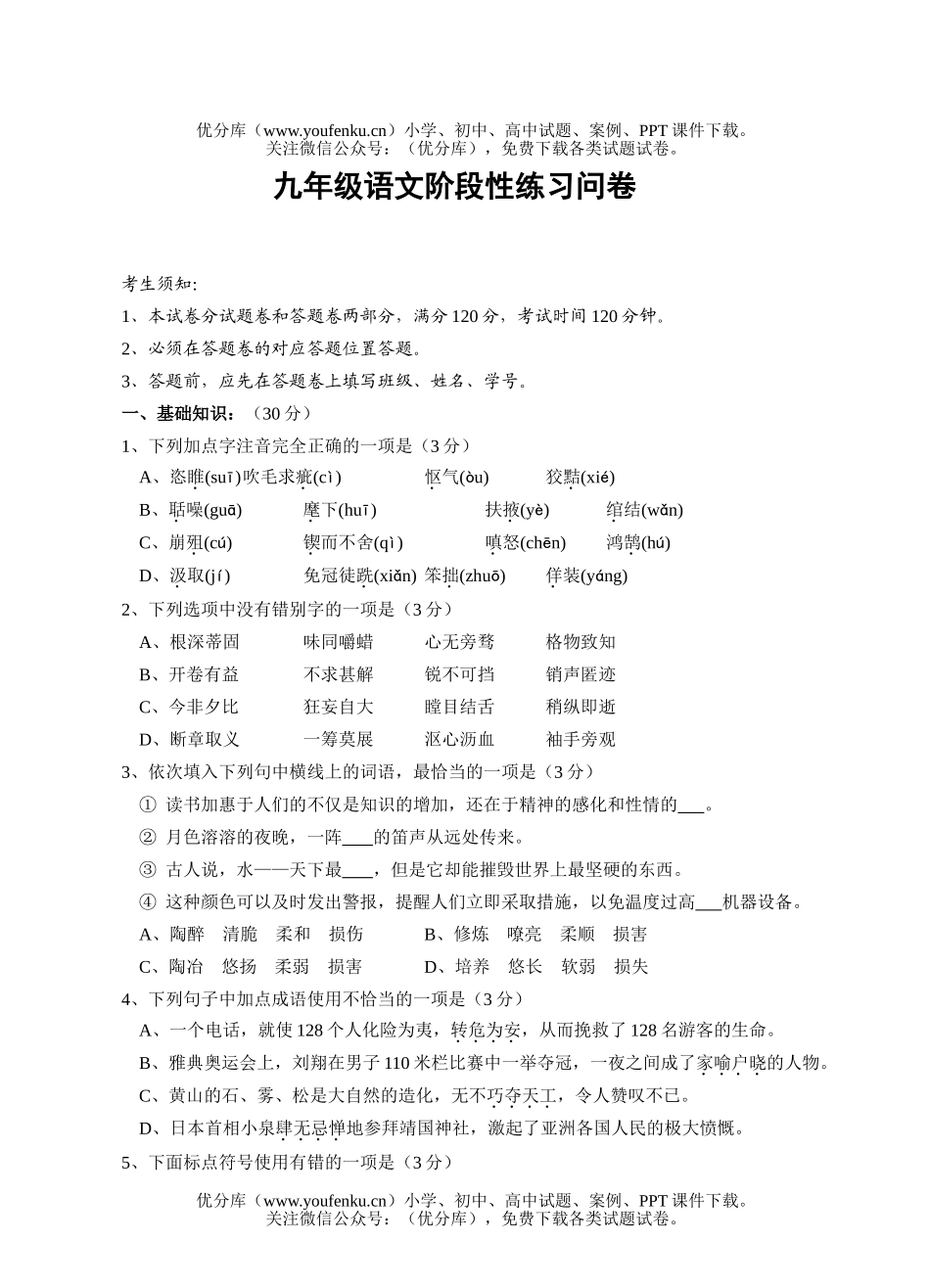 初中九年级语文阶段性练习问卷2试卷_第1页