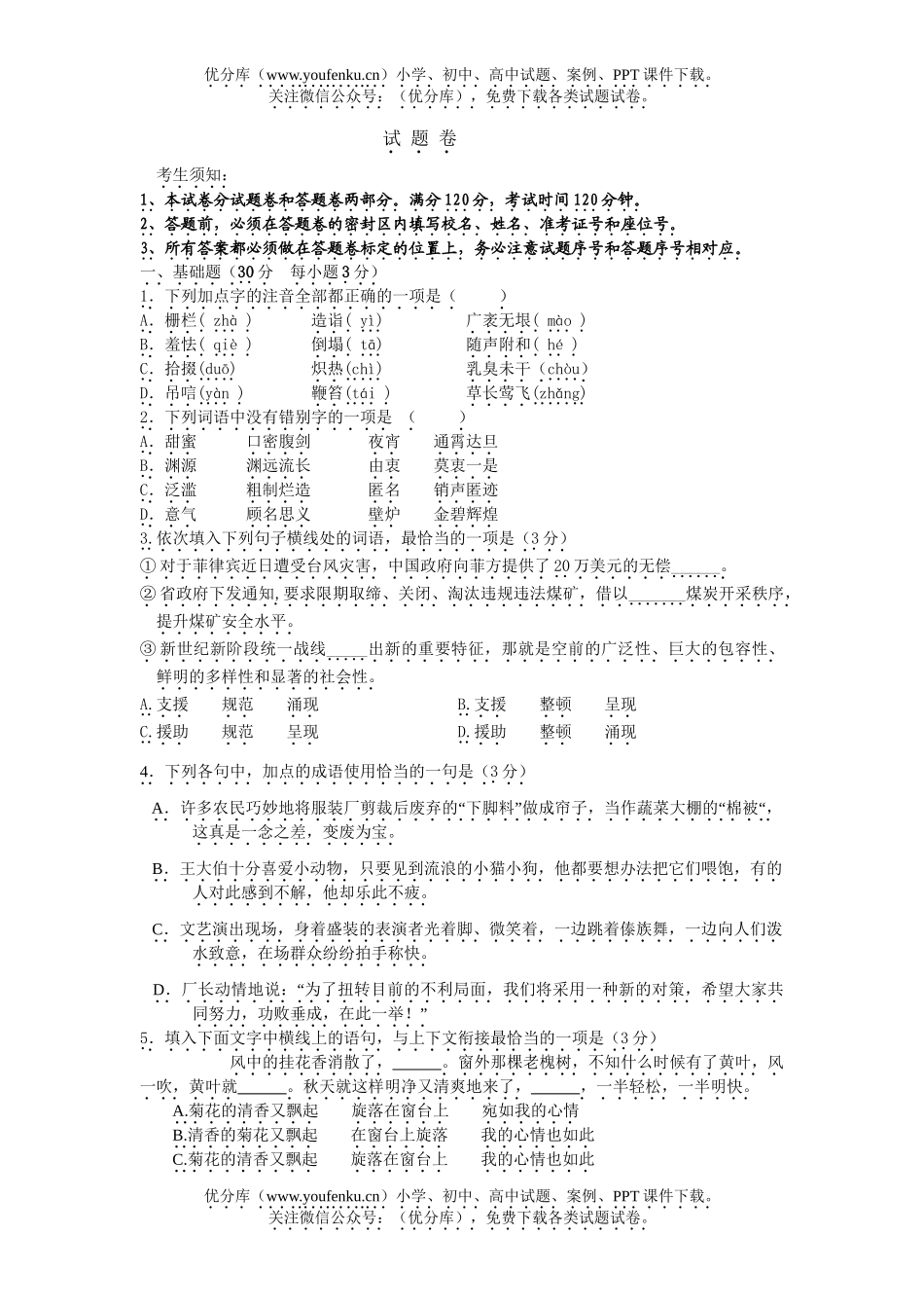 初中九年级语文中考模拟试卷_第1页