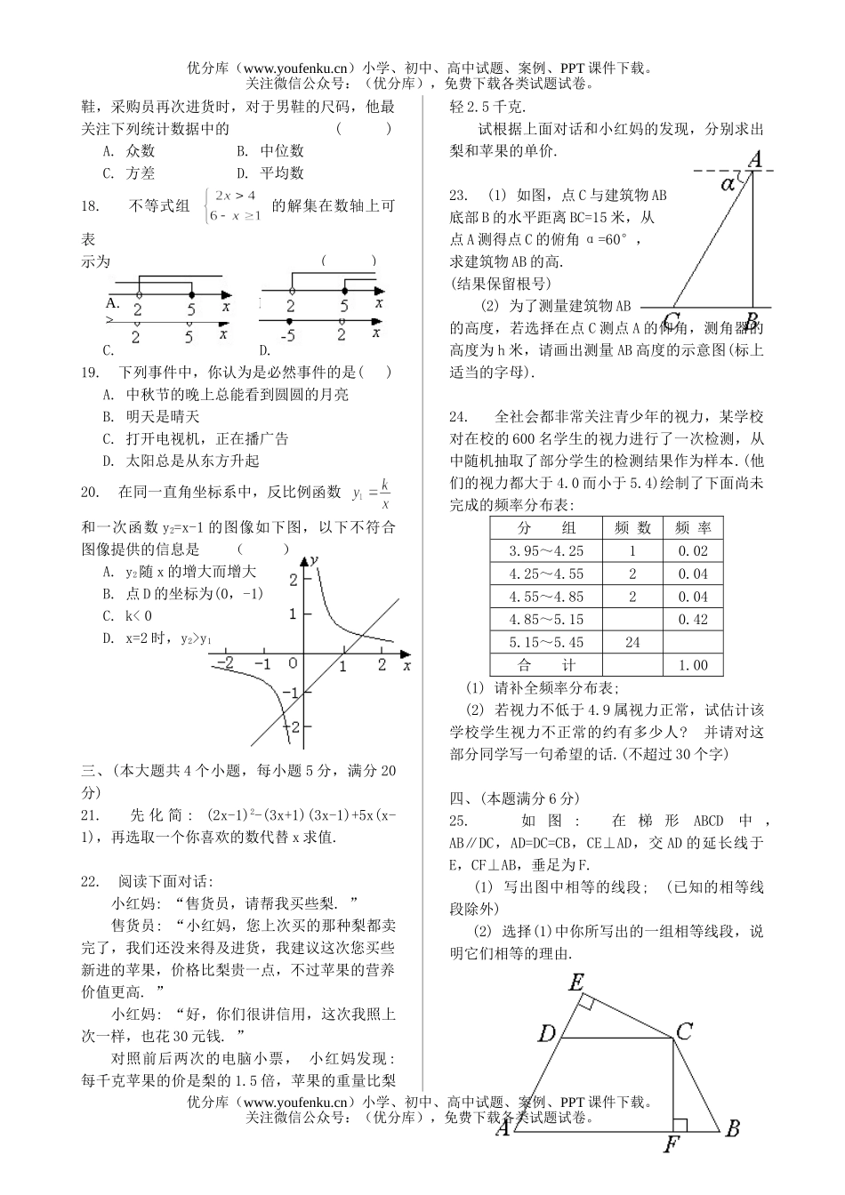 初中九年级数学湖南省湘潭市 (实验区)毕业会考试卷_第2页