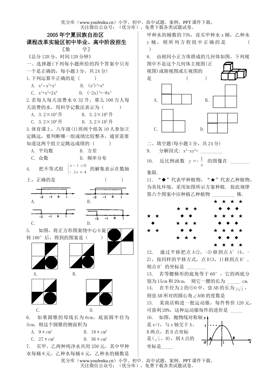 初中九年级数学宁夏(课改区)毕业、阶段招生试卷_第1页