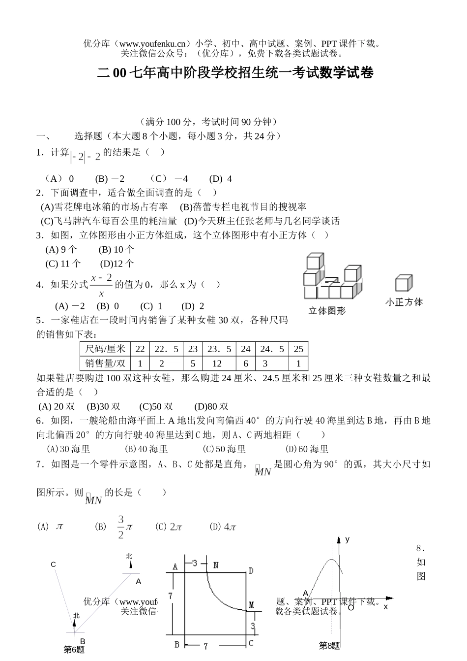 初中九年级数学二00七年阶段学校招生统一考试卷_第1页