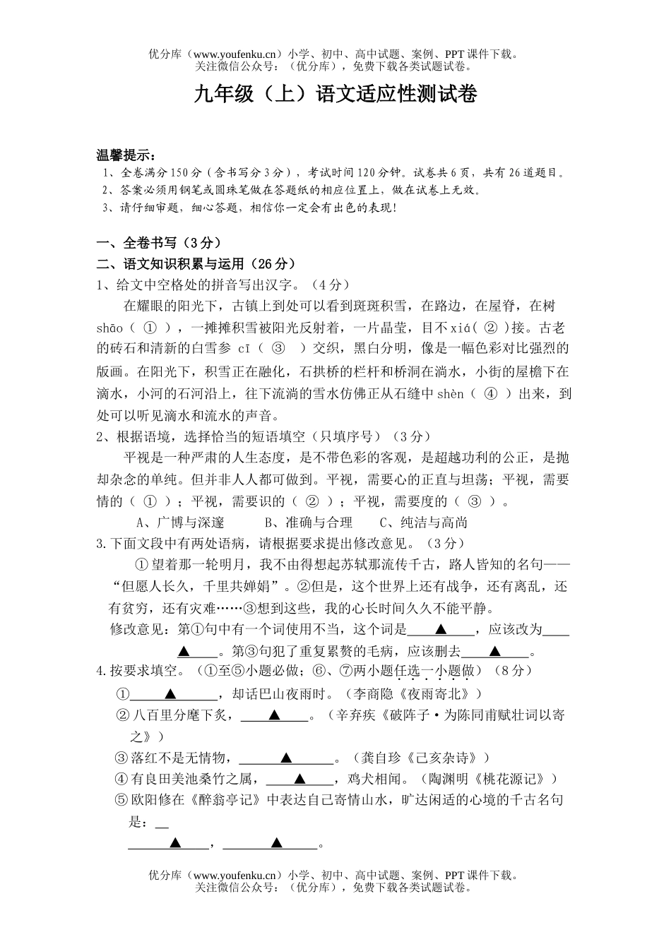 初中九年级语文(上)适应性测试卷_第1页