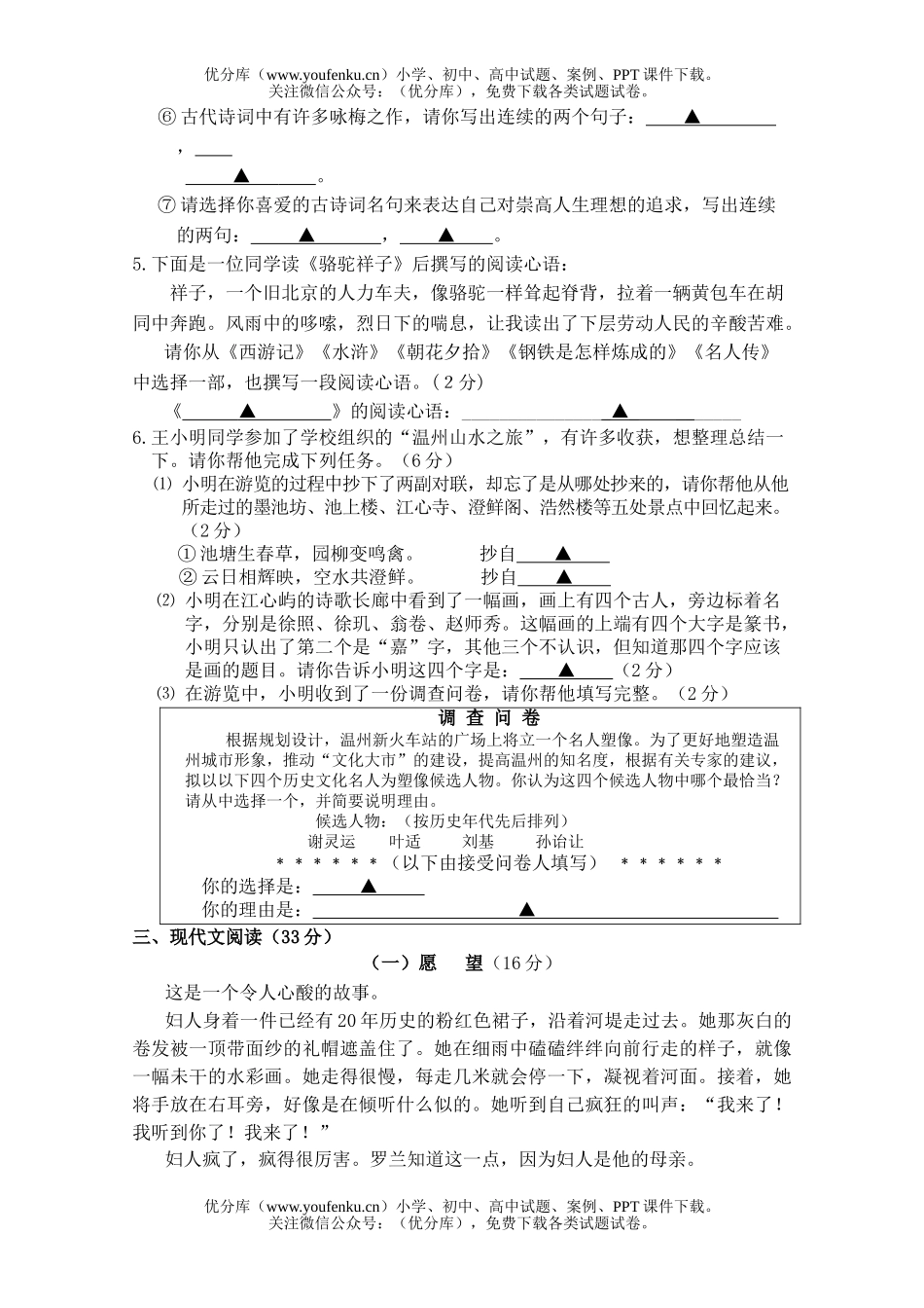 初中九年级语文(上)适应性测试卷_第2页