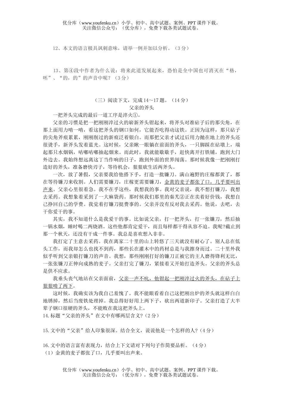 初中九年级语文鲁教版(下)期中测试卷_第3页