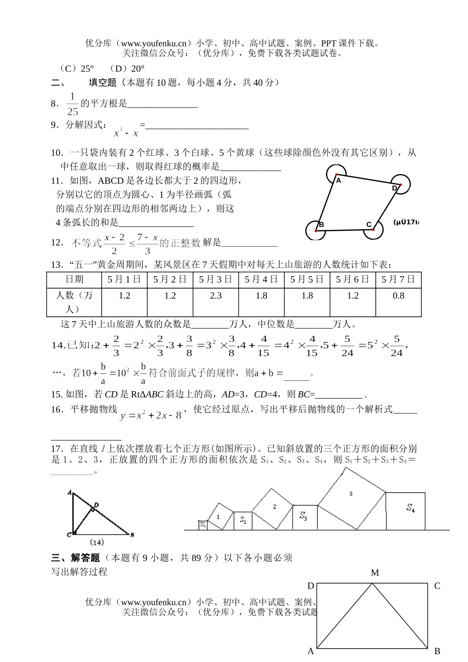 初中九年级数学中考模拟题试卷_第1页