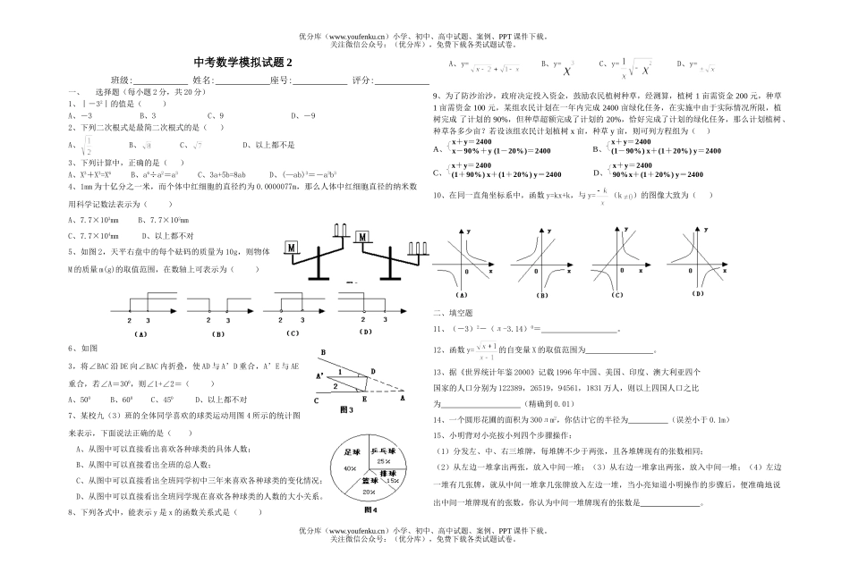 初中九年级数学中考模拟2试卷_第1页