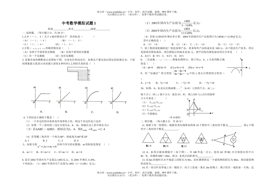初中九年级数学中考模拟1试卷_第1页