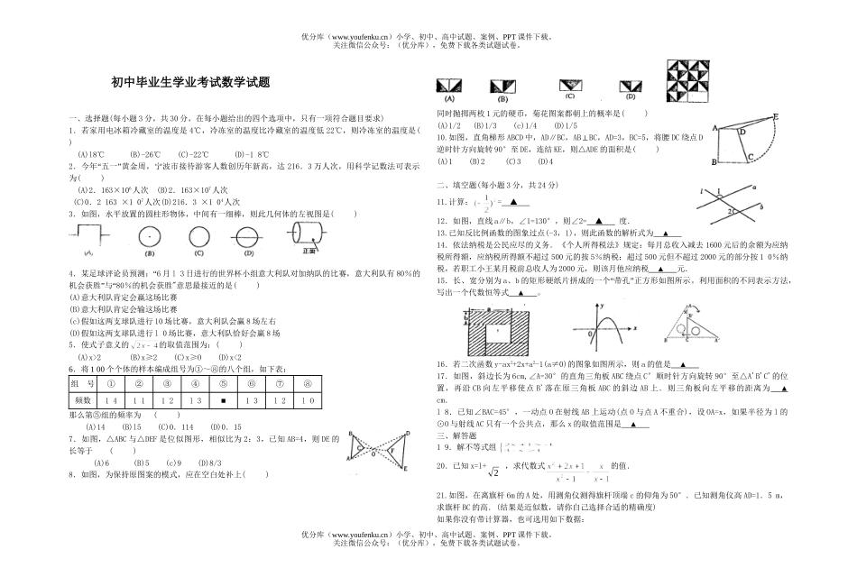 初中九年级数学毕业生学业考试卷_第1页