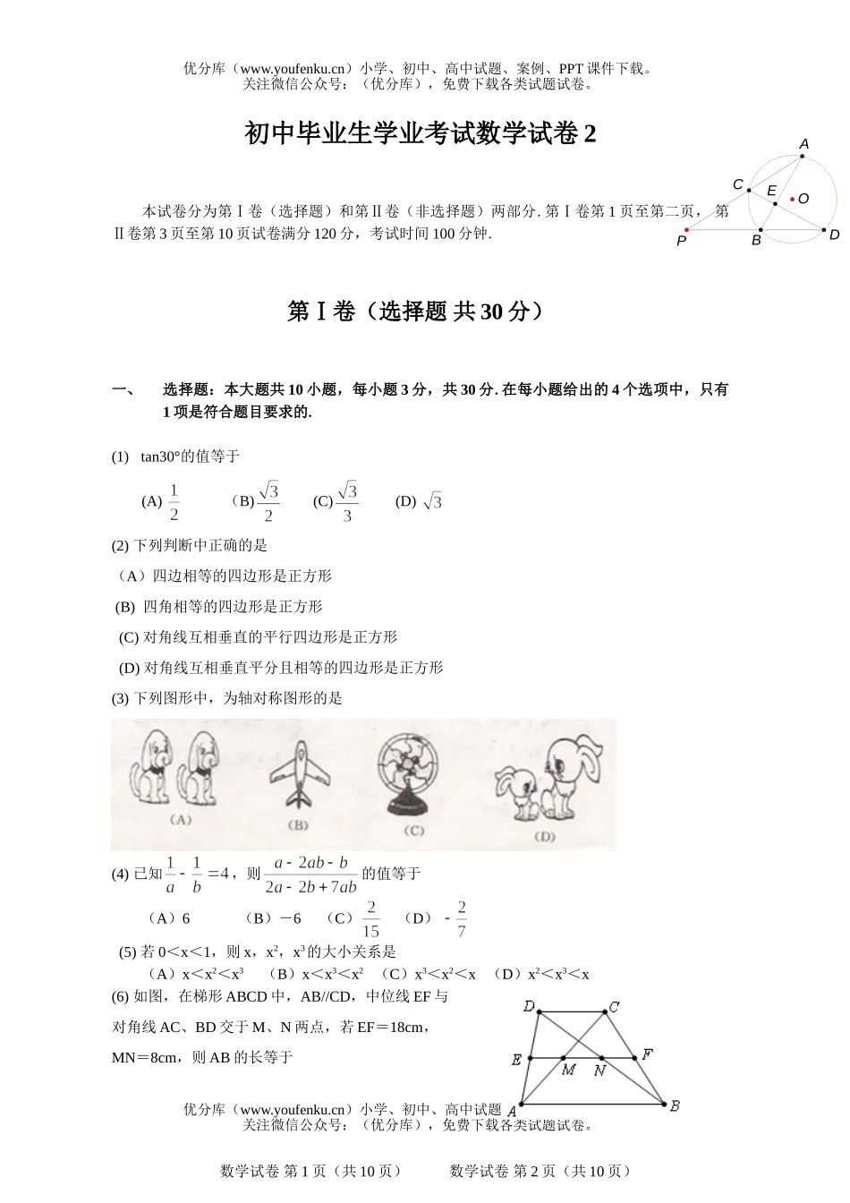 初中九年级数学毕业生学业考试2试卷_第1页