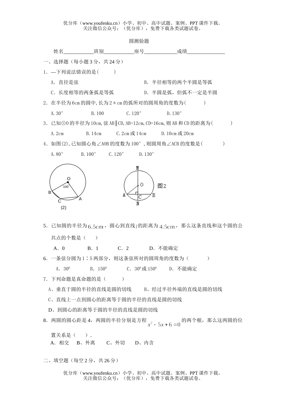初中九年级数学圆测验题试卷_第1页