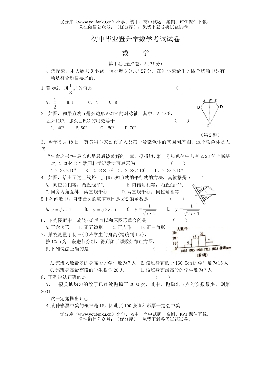 初中九年级数学毕业暨升学考试1试卷_第1页