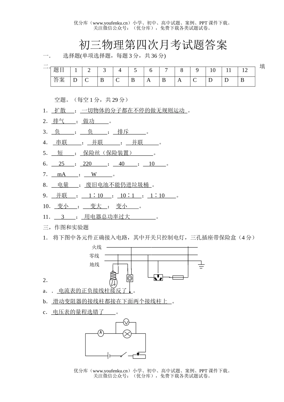 初中九年级物理单元测七   欧姆定律试卷_第1页