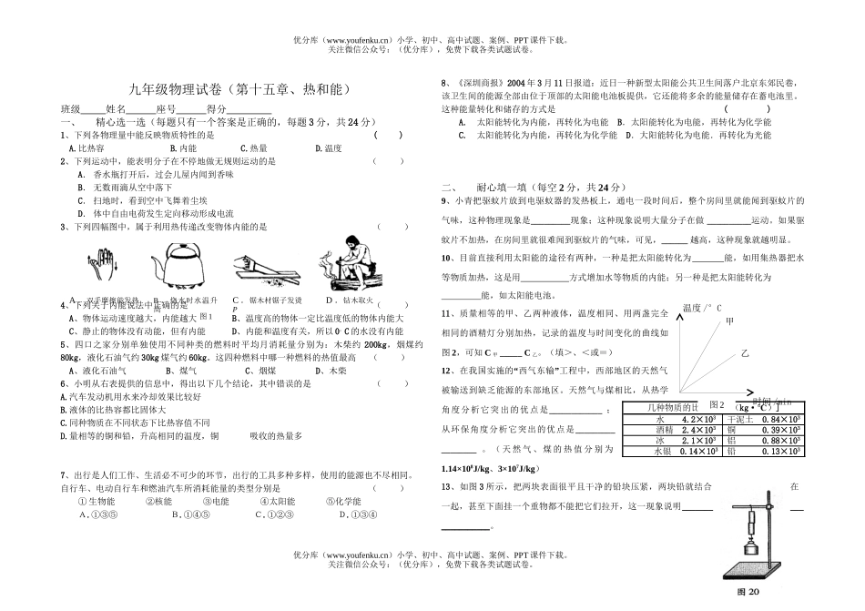 初中九年级物理第十五章、热和能试卷_第1页