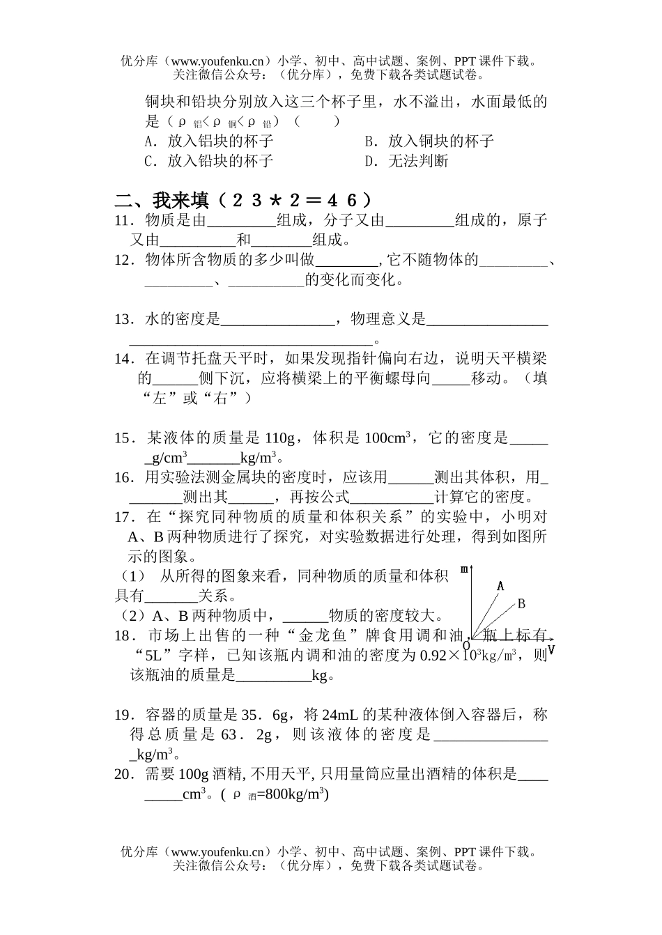 初中九年级物理第十章 《多彩的物质世界》单元测试卷_第2页