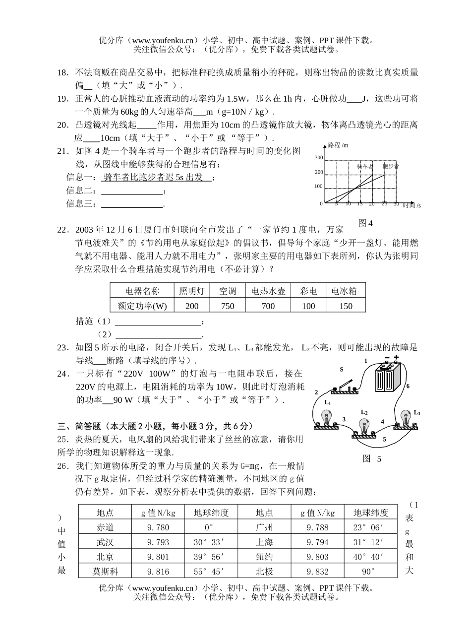 初中九年级物理厦门市毕业、升学统一考试卷_第3页
