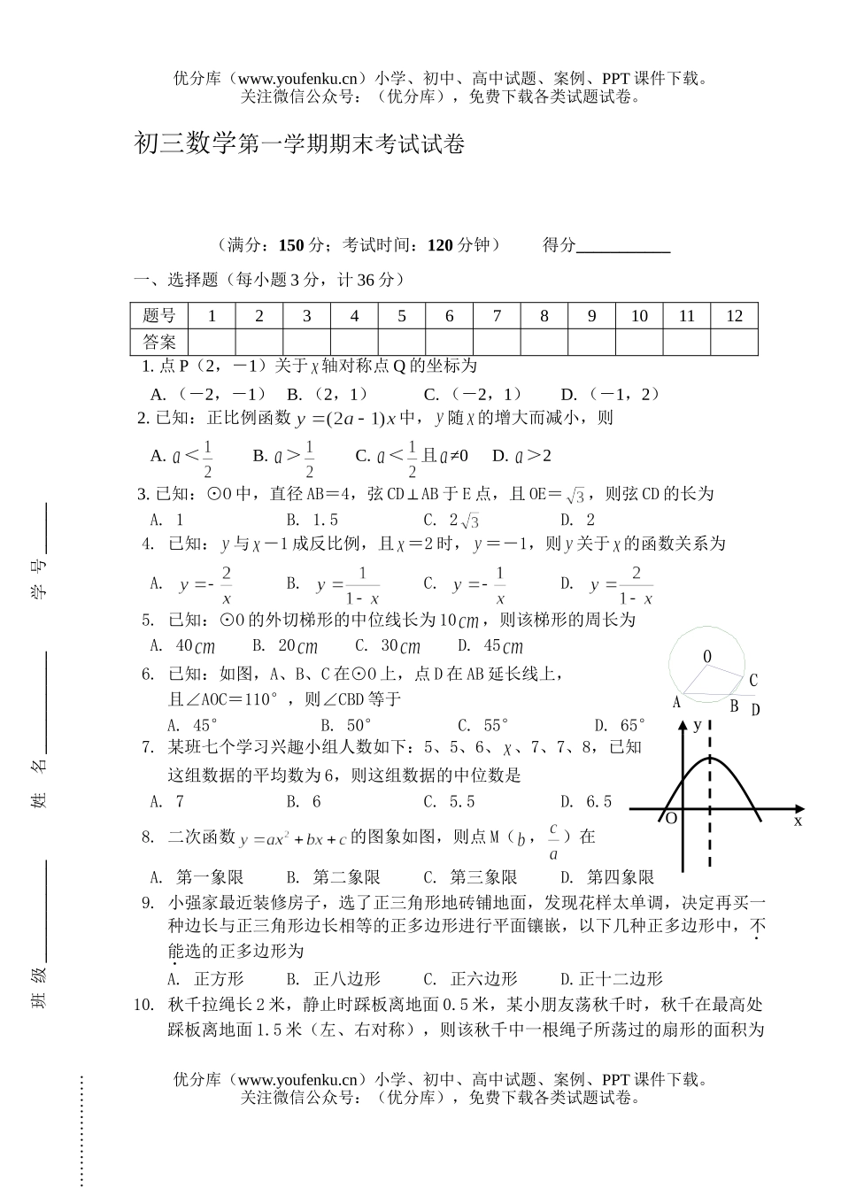 初中九年级数学第一学期期末考试卷_第1页