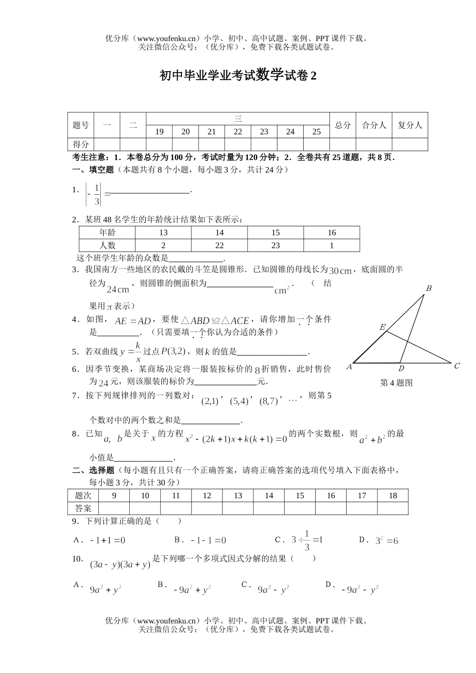 初中九年级数学毕业学业考试2试卷_第1页
