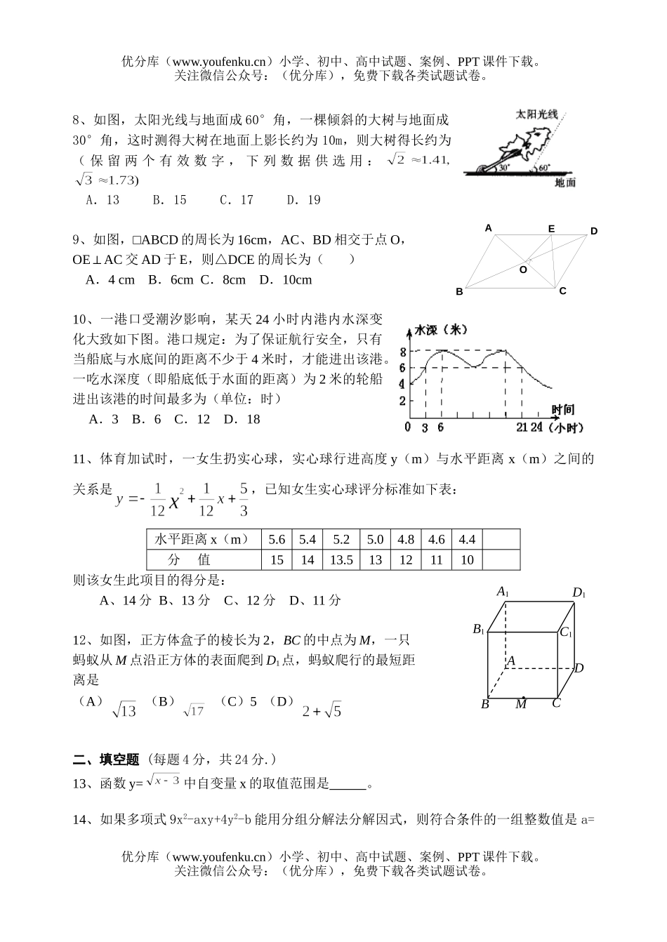 初中九年级数学中考全真模拟(二)试卷_第1页