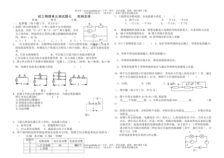 初中九年级物理单元测七   欧姆定律试卷_第1页