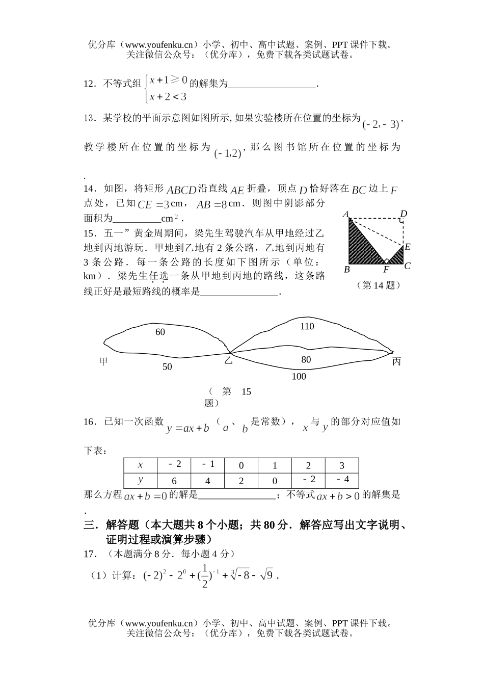 初中九年级数学毕业生学业仿真考试卷_第3页