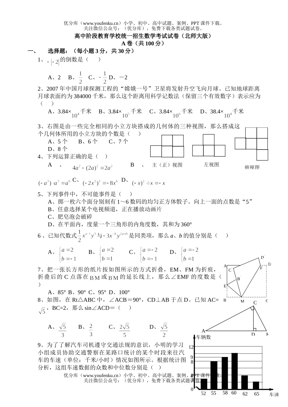 初中九年级数学阶段教育学校统一招生考试卷_第1页