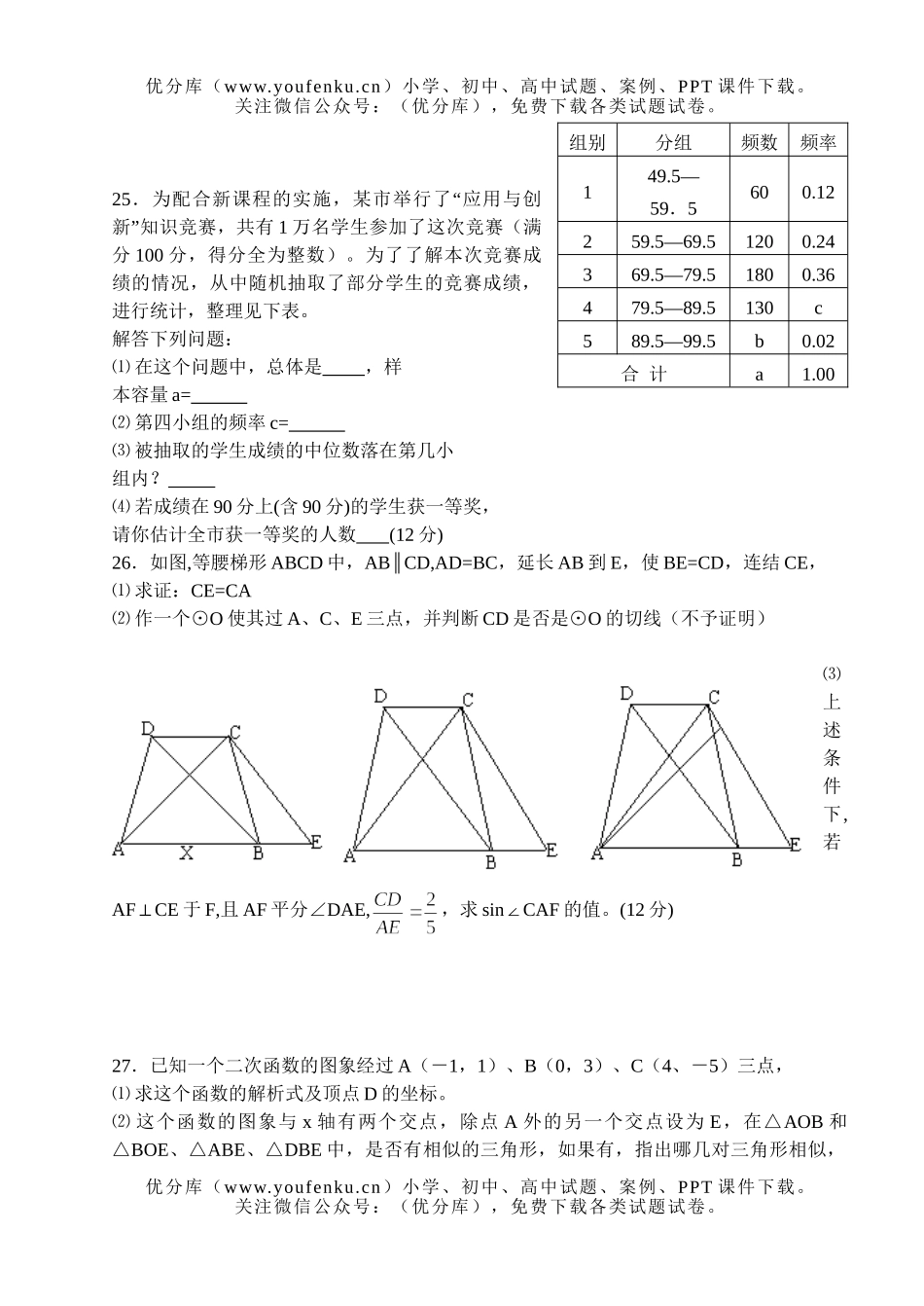 初中九年级数学练习题(三)试卷_第3页