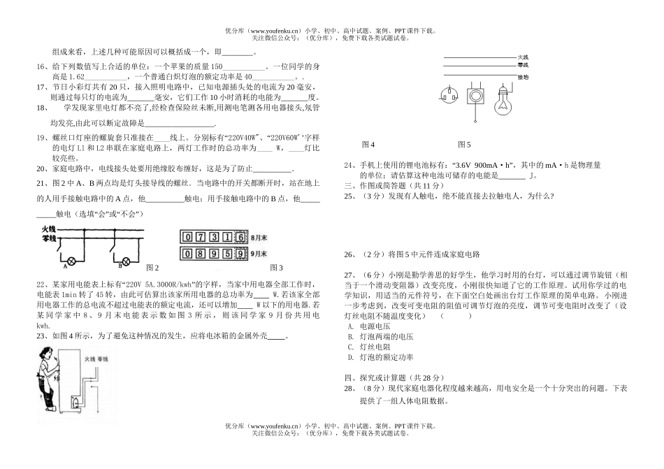 初中九年级物理单元测九  生活用电试卷_第2页