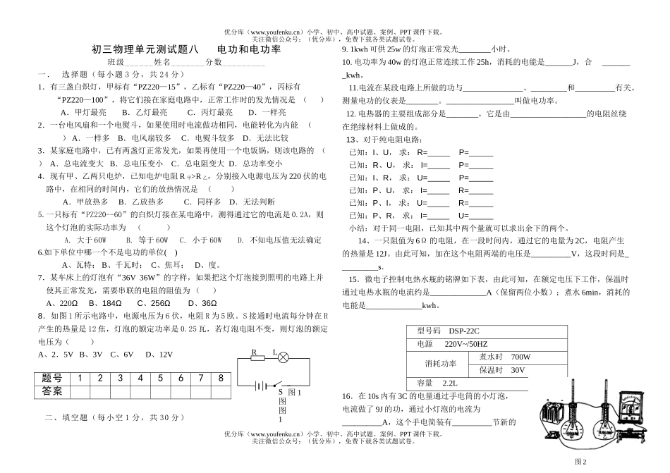 初中九年级物理单元测八   电功和电功率试卷_第1页