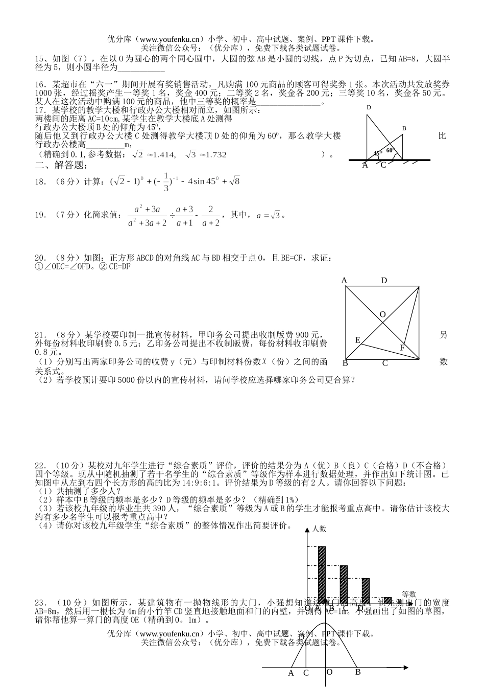 初中九年级数学毕业会考暨阶段招生考试卷_第2页