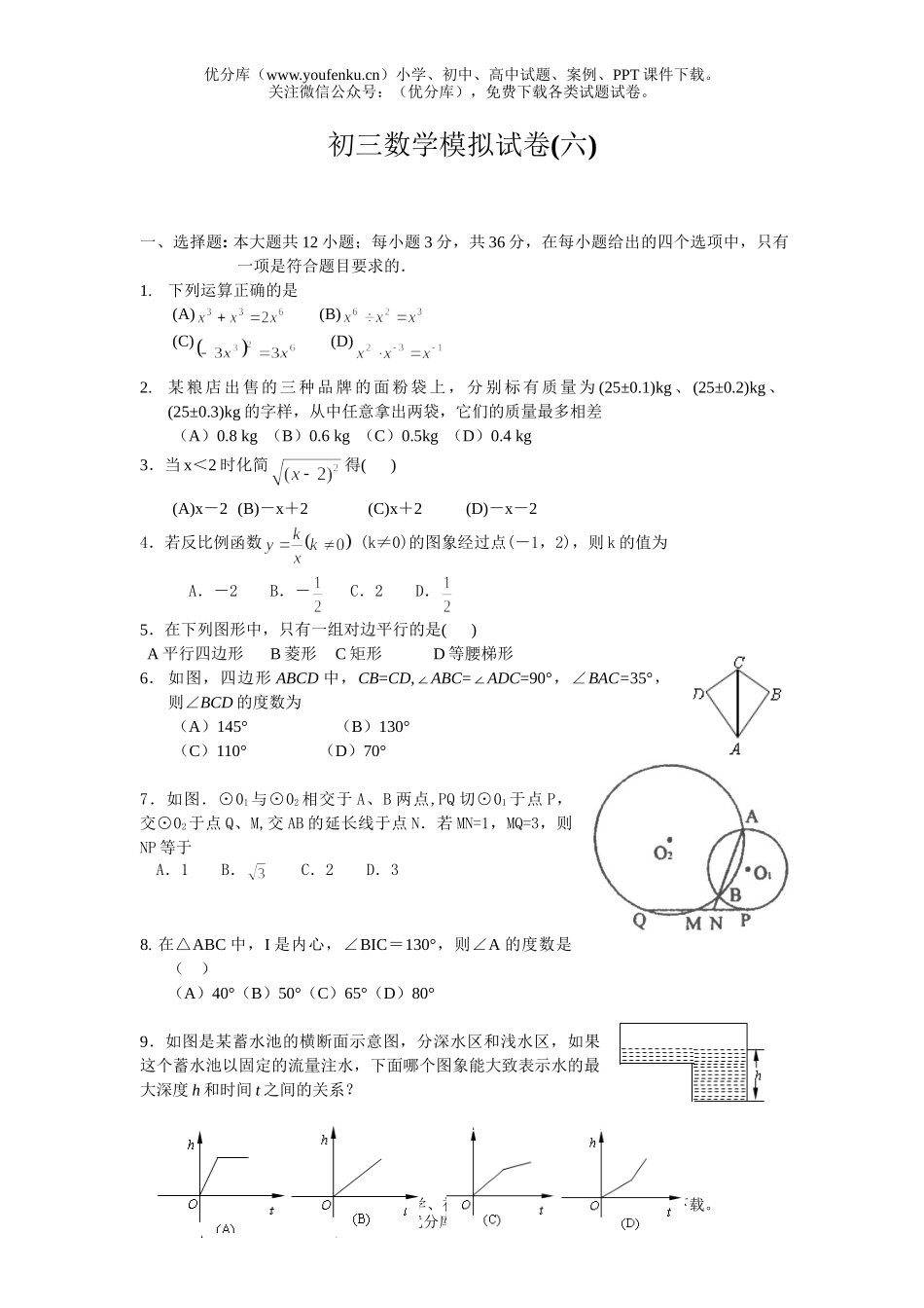 初中九年级数学模拟(六)试卷_第1页