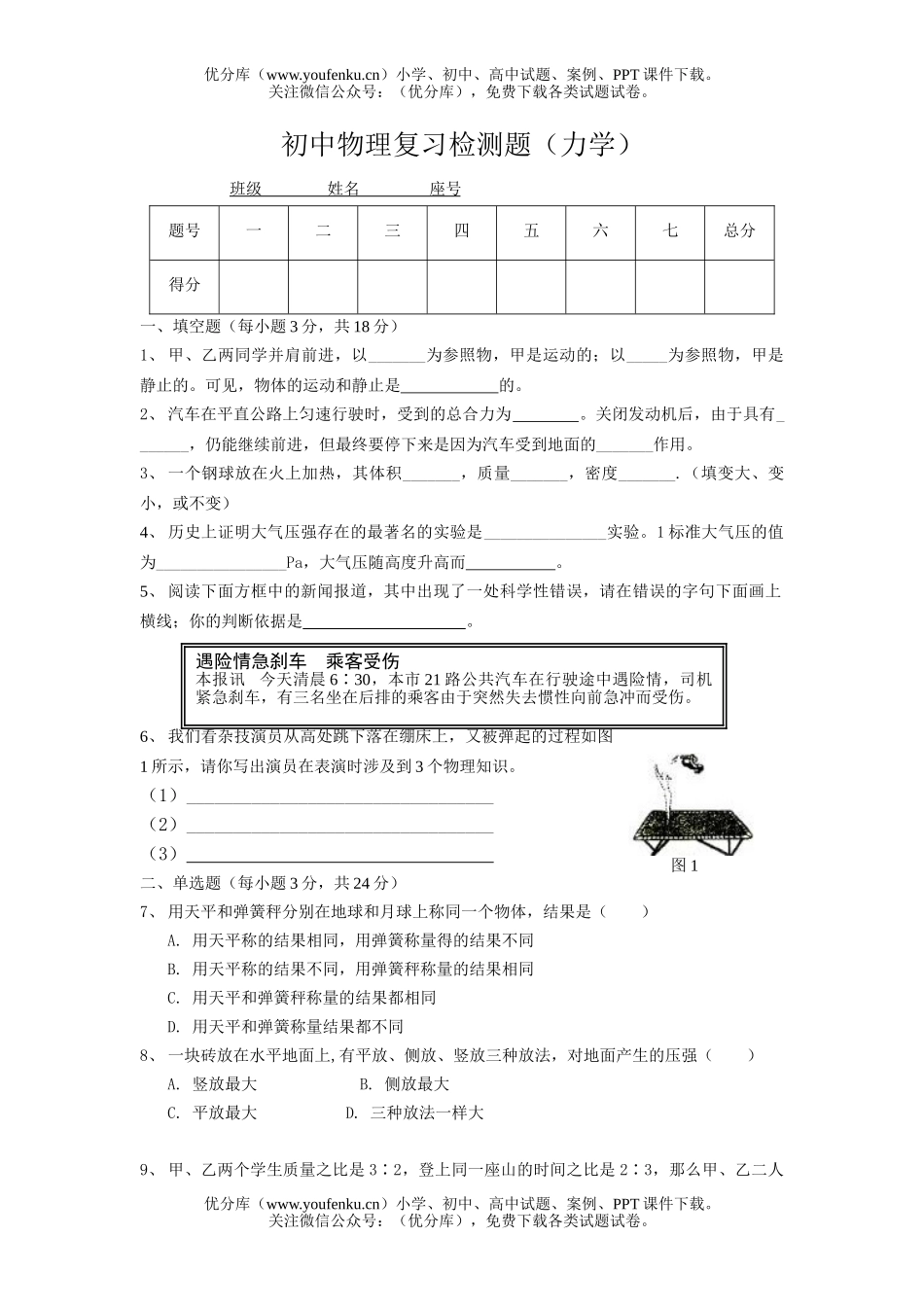 初中九年级物理复习检测题力试卷_第1页