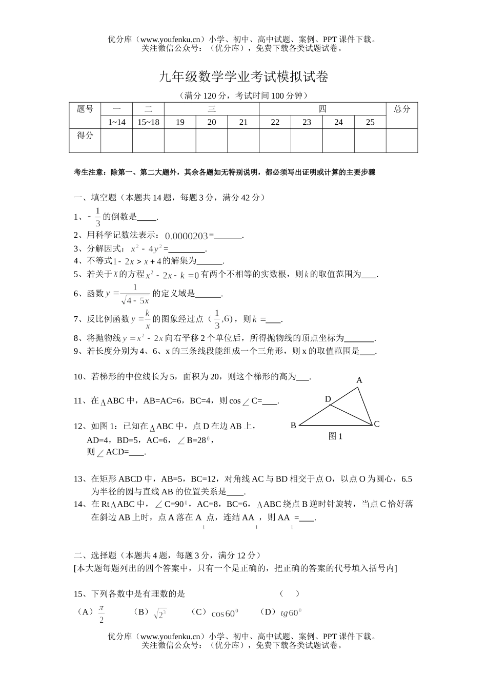 初中九年级数学学业考试模拟试卷_第1页