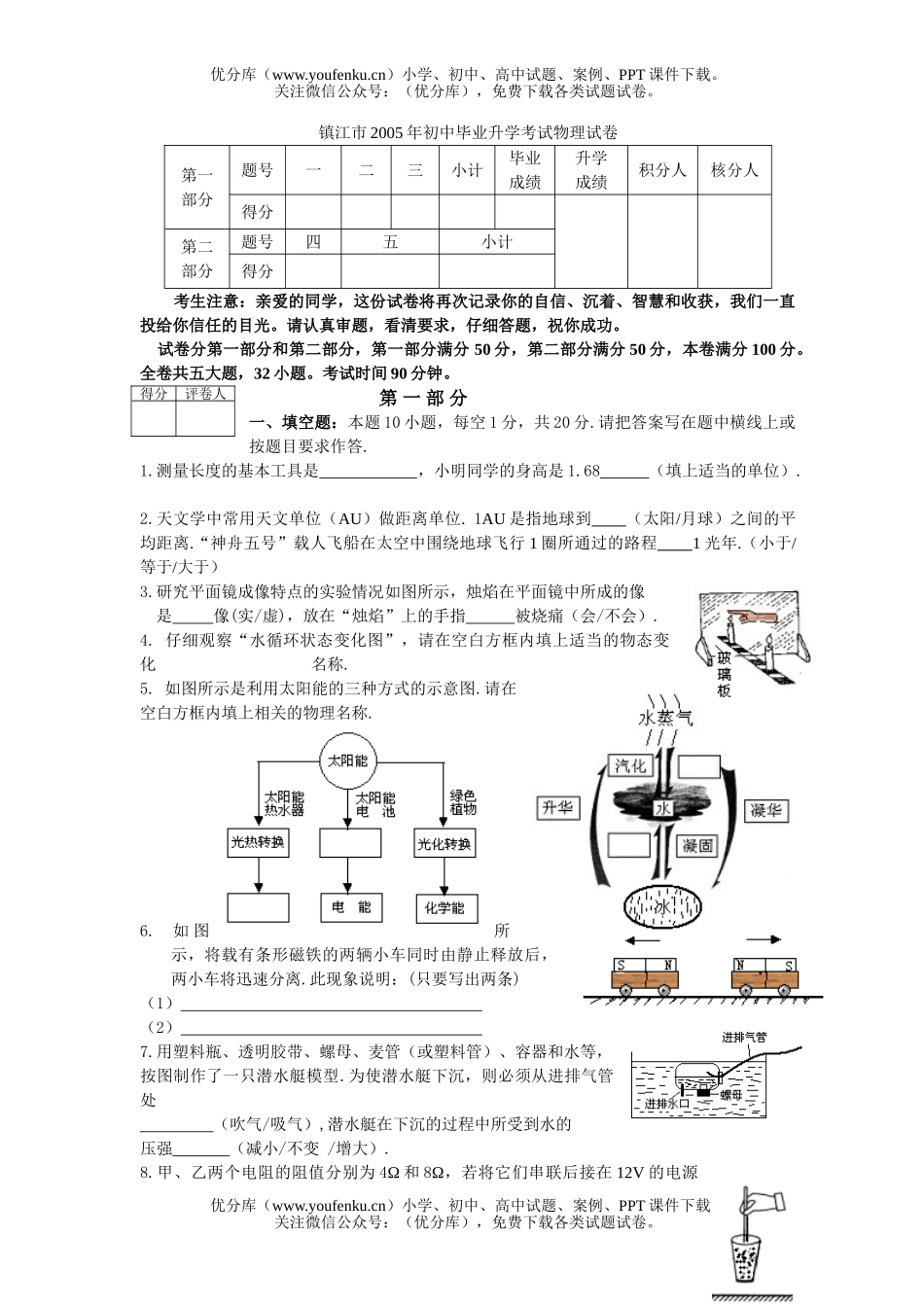 初中九年级物理镇江市2005年毕业升学考试卷_第1页