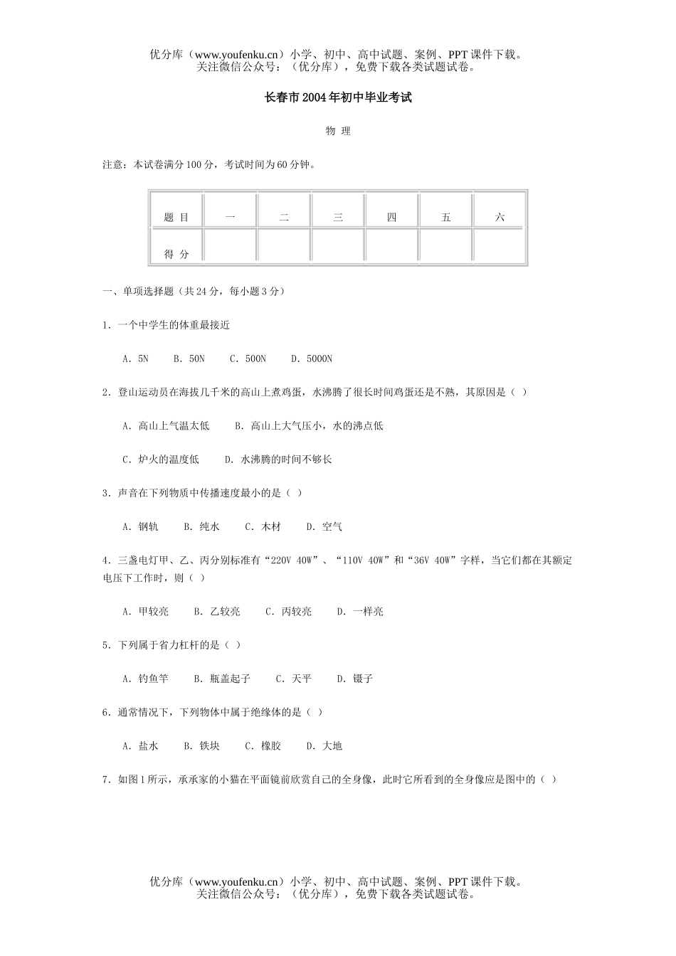 初中九年级物理长春市毕业考试卷_第1页