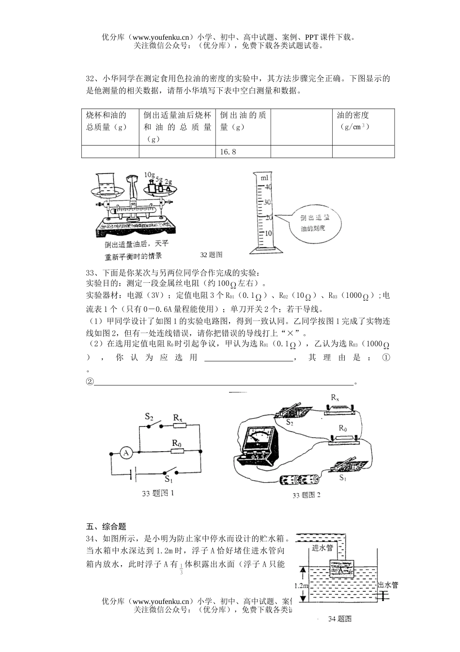 初中九年级物理黄冈市升学统一考试理化(部分)试卷_第3页