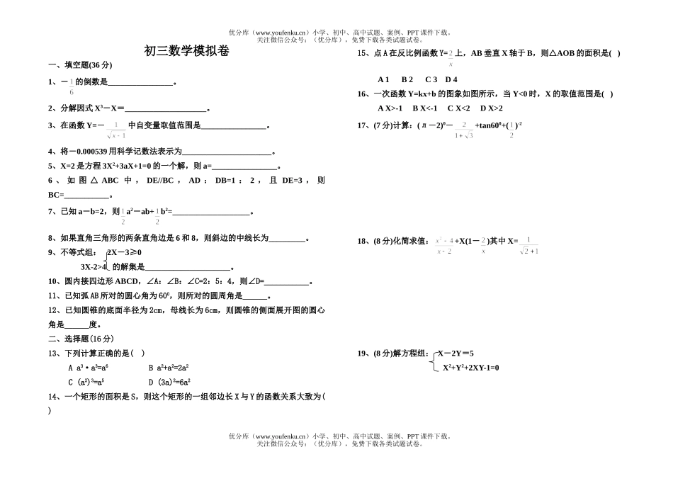 初中九年级数学模拟试卷_第1页
