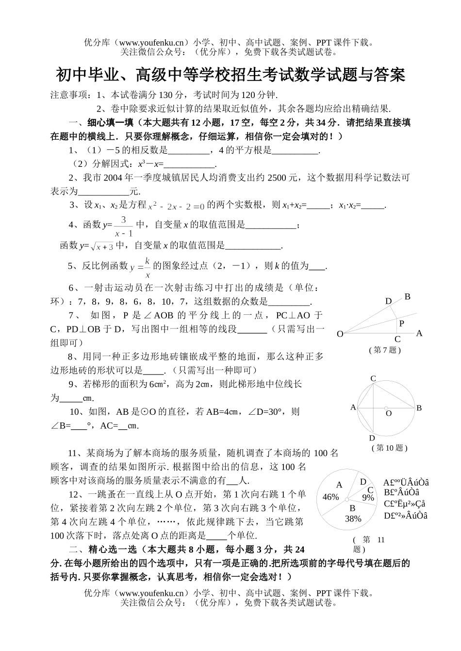 初中九年级数学毕业、高级中等学校招生考试与答案试卷_第1页
