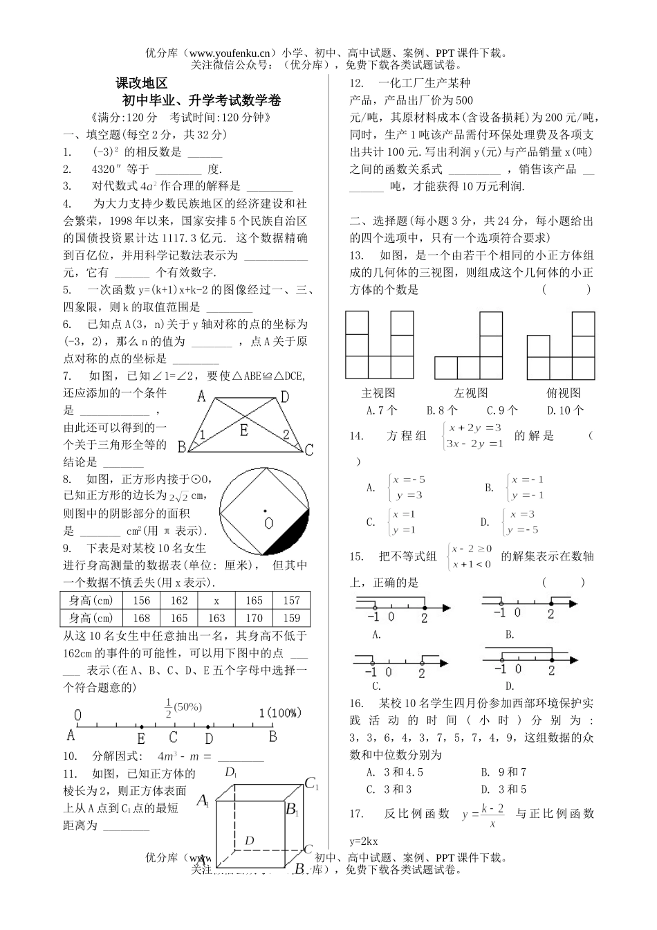 初中九年级数学毕业、升学考试卷_第1页