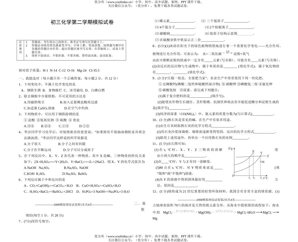初中化学第二学期模拟试卷_第1页