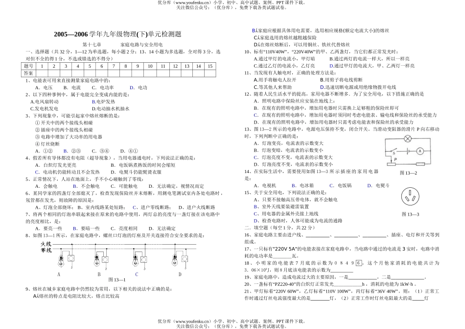 初中九年级物理(下)单元检测题 家庭电路与安全用电试卷_第1页