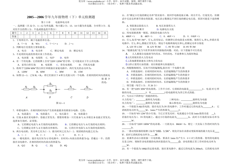 初中九年级物理(下)单元检测题 电能与电功率试卷_第1页