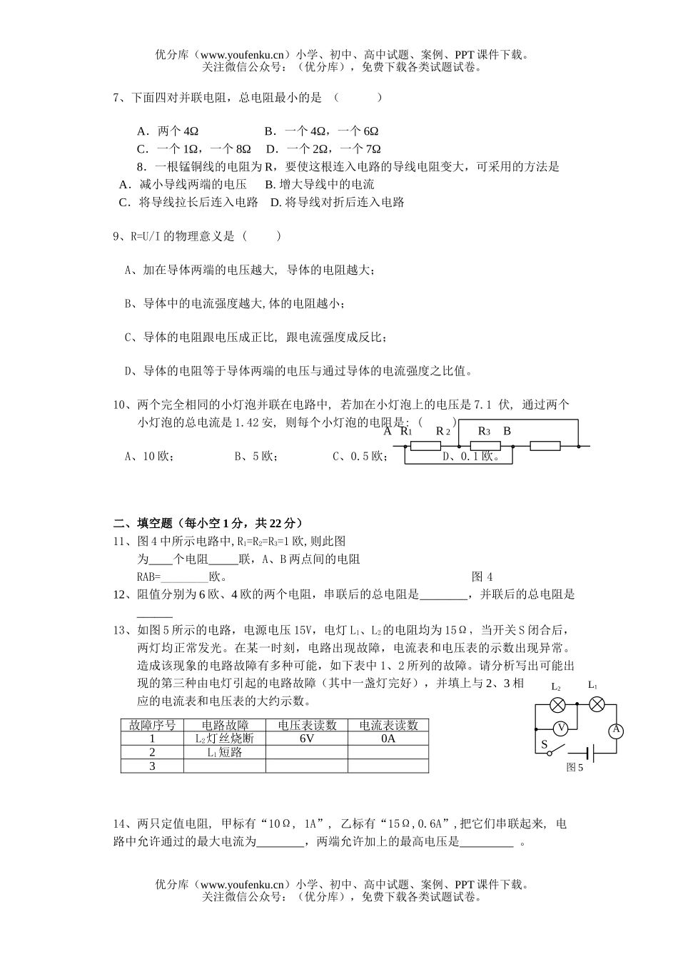 初中九年级物理单元测七 欧姆定律试卷_第2页