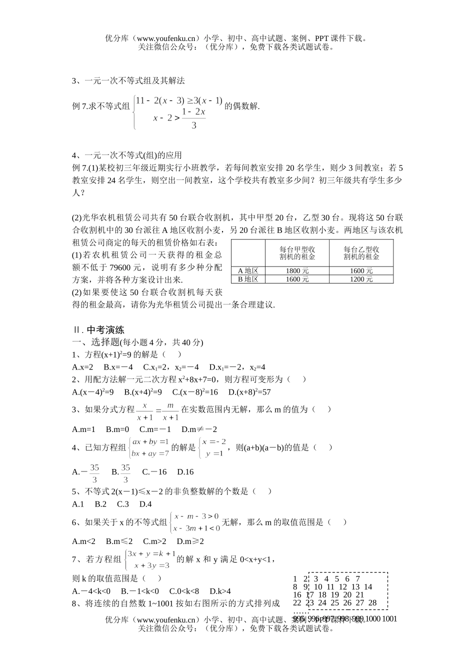 初中九年级数学方程(组)与不等式(组)试卷_第2页