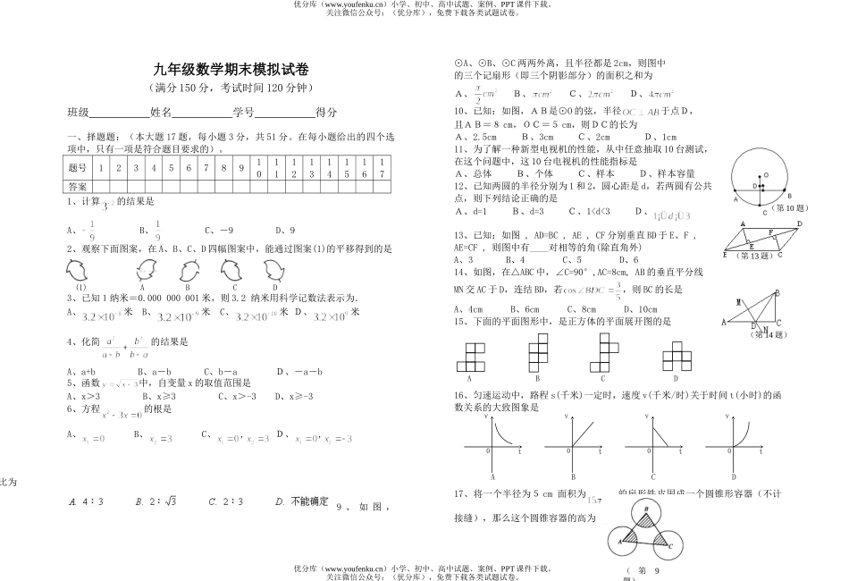 初中九年级数学期末模拟试卷_第1页