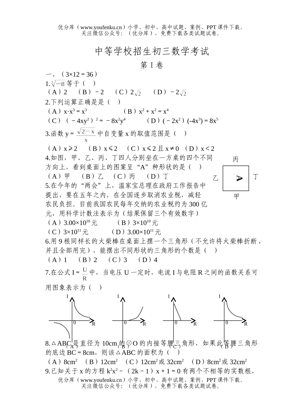 初中九年级数学中等学校招生考试卷_第1页