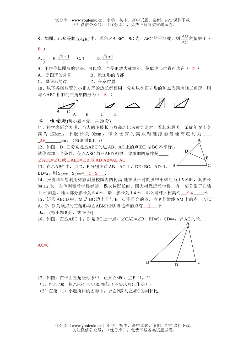 初中九年级数学相似形试卷_第2页
