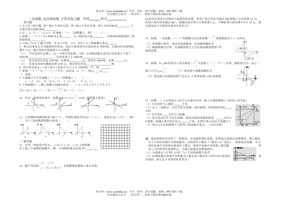 初中九年级数学一次函数 反比例函数 不等式复习题试卷_第1页