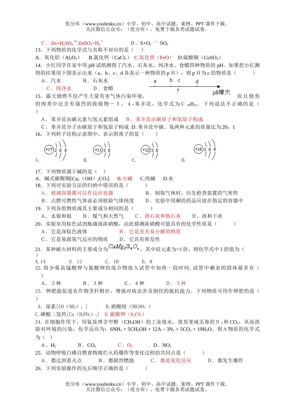 初中化学下学期第一次统一练习试卷_第2页