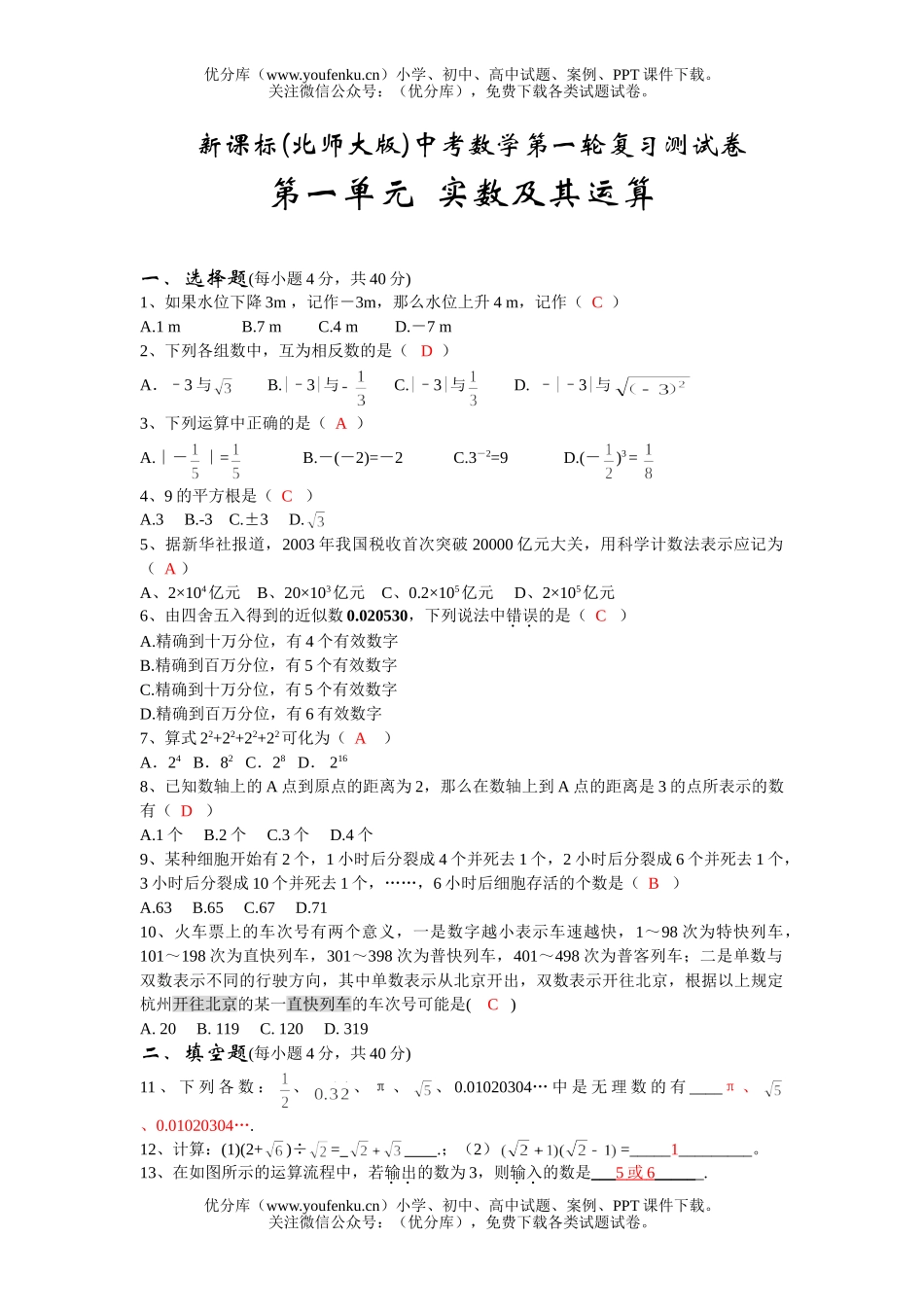 初中九年级数学第一单元实数及其运算试卷_第1页
