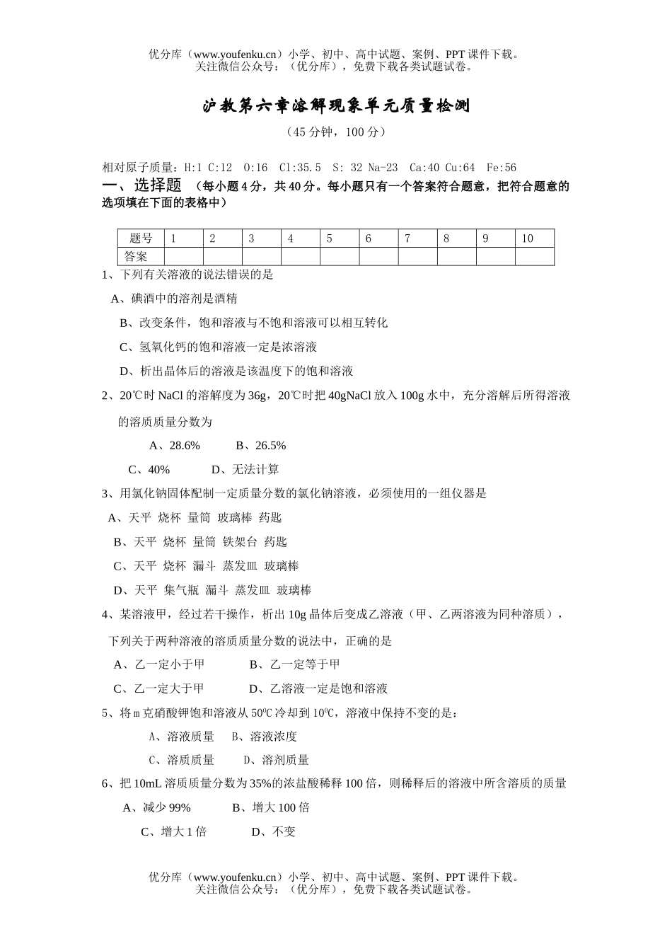 初中化学第六章溶解现象单元质量检测试卷_第1页